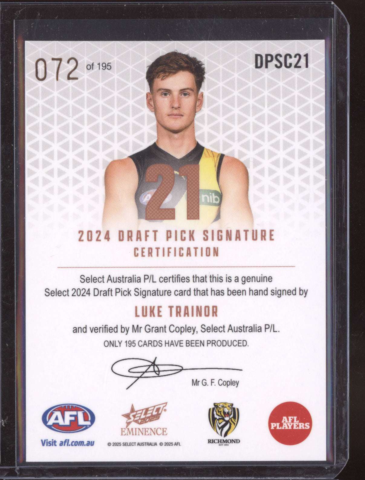 Luke Trainor 2025 Select Eminence Draft Pick Signatures Copper RC 72/195