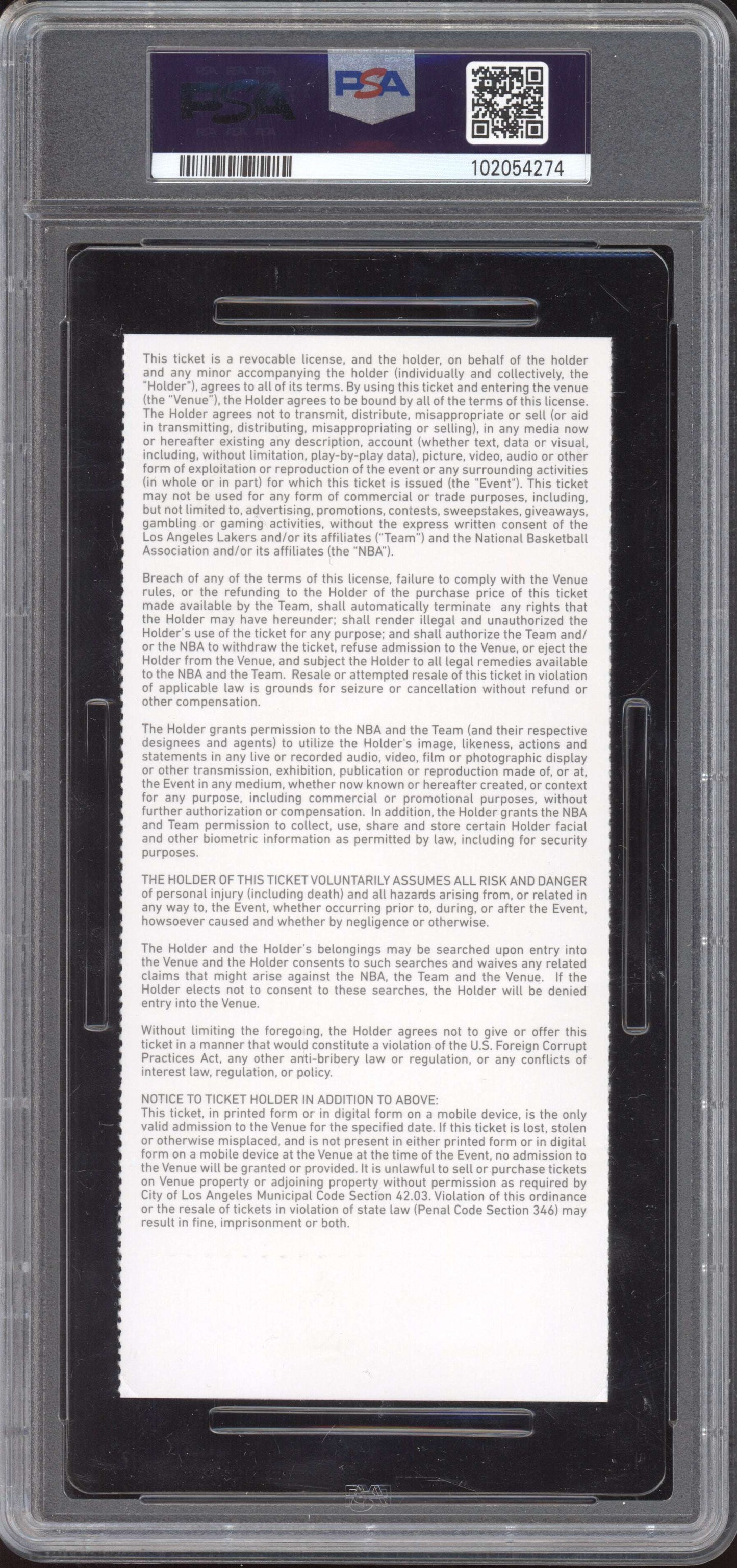 Lebron James Lakers vs Bucks 2020 Ticket Full Youngest to 34k Points PSA 7