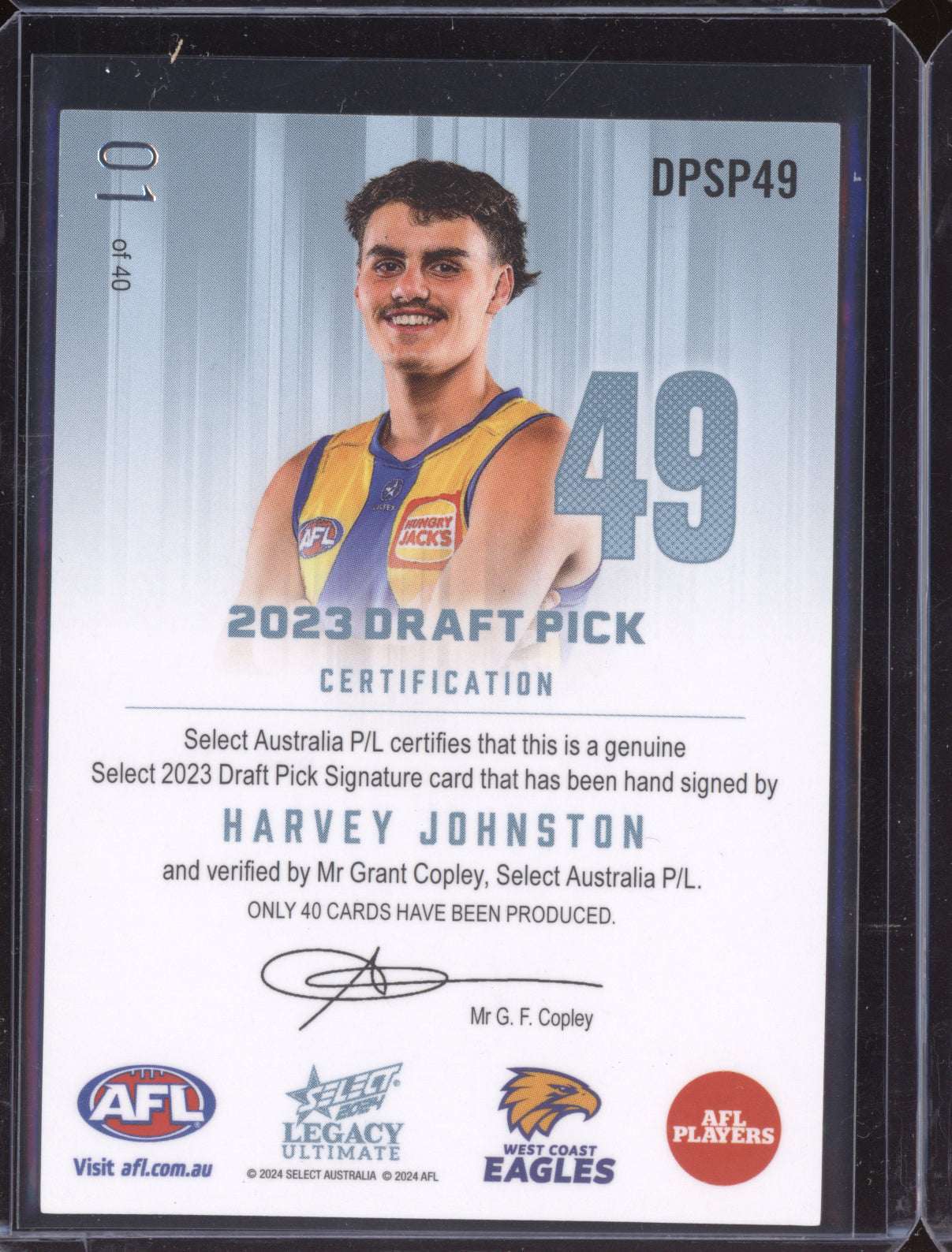 Harvey Johnston 2024 Select Legacy Draft Pick Signatures Platinum RC 01/40