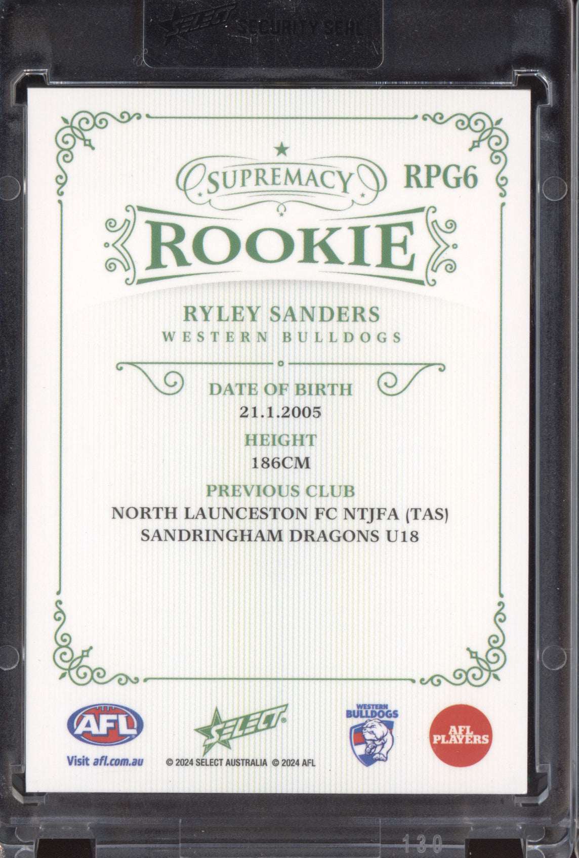 Ryley Sanders 2024 Select Supremacy Rookies Platinum Green RC 17/25