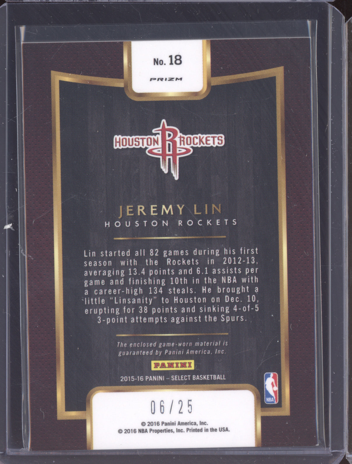Jeremy Lin 2015 Panini Select Throwback Memorabilia Tie-Dye 06/25