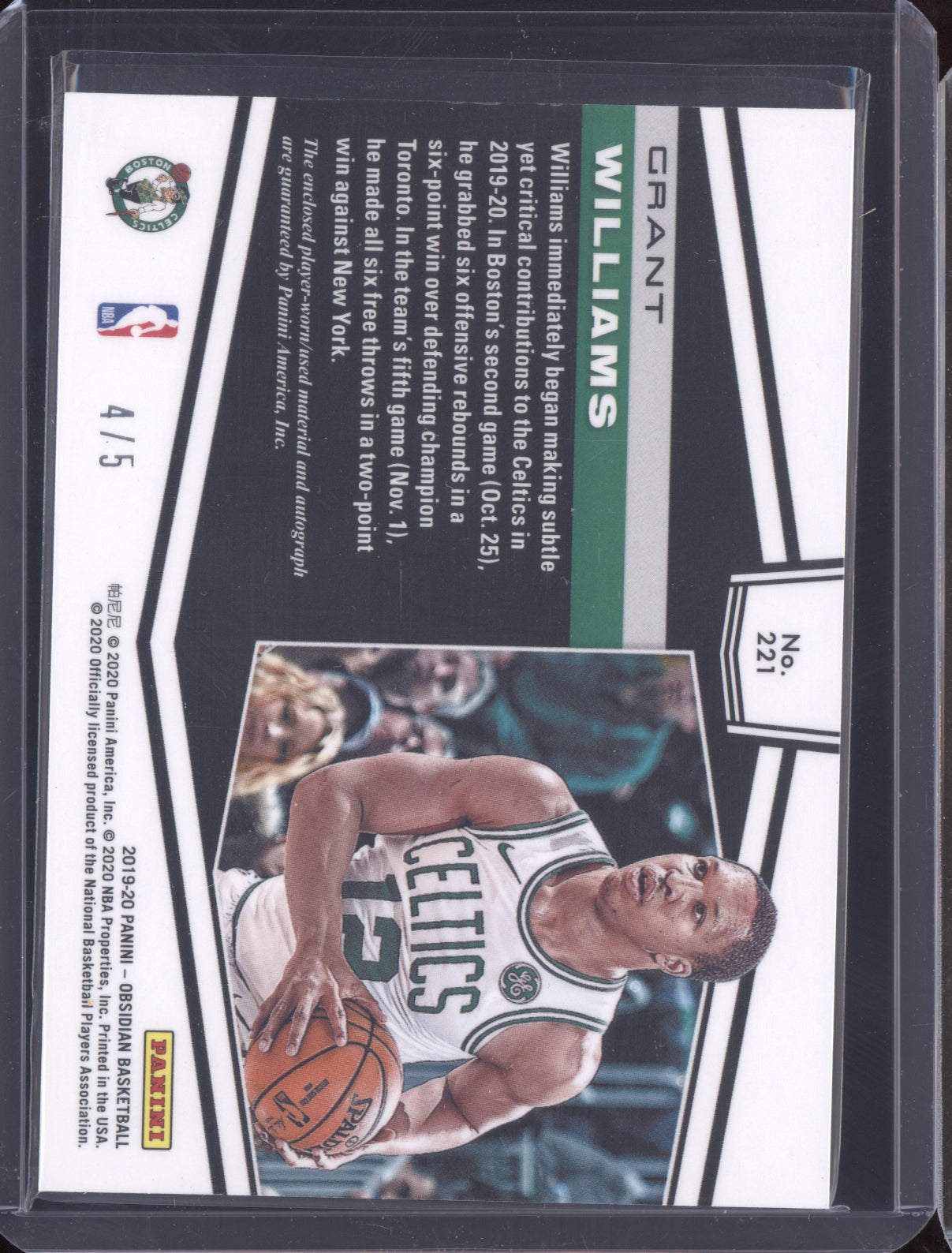 Grant Williams 2019 Panini Obsidian Red Patch Auto RC 4/5