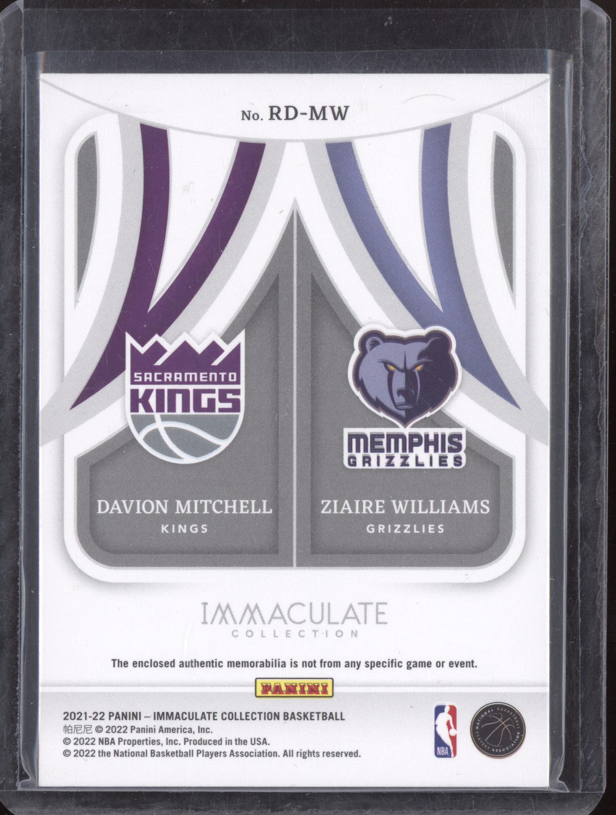 Davion Mitchell Ziaire Williams 2021 Panini Immaculate Rookie Dual Patch RC /10