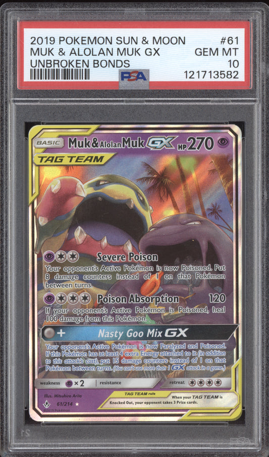 Muk & Alolan Muk GX 2019 Pokemon Sun & Moon Unbroken Bonds 61/214 PSA 10